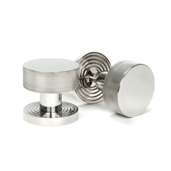 Knurled Mortice/Rim Knob Set on a Beehive Rose - Polished Stainless Steel Knurled Mortice/Rim Knob Set on a Beehive Rose - Polished Stainless Steel