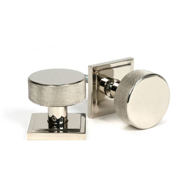The Knurled Mortice/Rim Knob Set on a Square Rose in Polished Nickel Shown Upright and on its Side The Knurled Mortice/Rim Knob Set on a Square Rose in Polished Nickel Shown Upright and on its Side