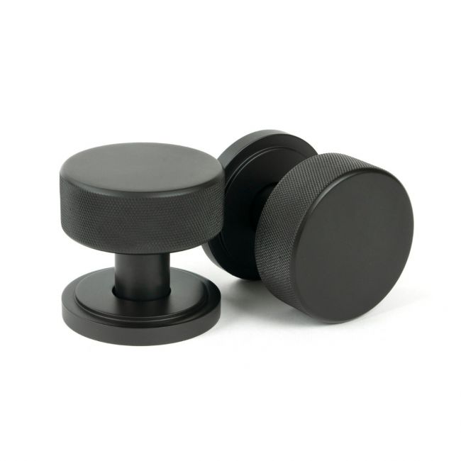 Knurled Mortice/Rim Knob Set on an Art Deco Rose - Aged Bronze Knurled Mortice/Rim Knob Set on an Art Deco Rose - Aged Bronze