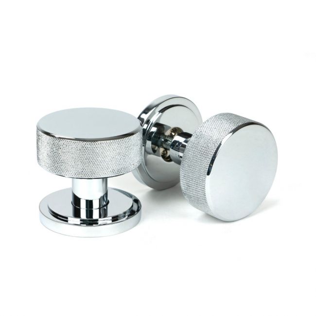 Knurled Mortice/Rim Knob Set on an Art Deco Rose - Polished Chrome Knurled Mortice/Rim Knob Set on an Art Deco Rose - Polished Chrome