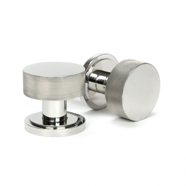 Knurled Mortice/Rim Knob Set on an Art Deco Rose - Polished Stainless Steel Knurled Mortice/Rim Knob Set on an Art Deco Rose - Polished Stainless Steel
