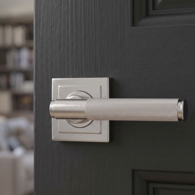 The Knurled Sprung Handle Set on a Square Rose in Satin Stainless Steel shown close up on a Grey Door - Digital Illustration 