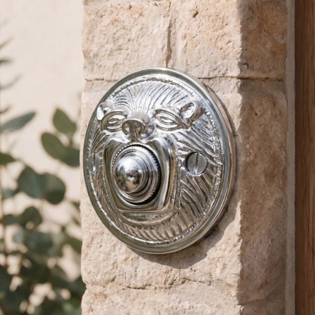 Bright Chrome bell push on brick wall