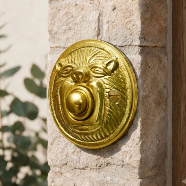 Polished brass bell push on brick wall 