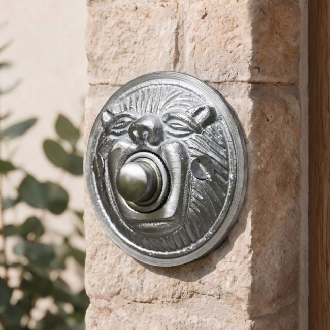 Satin Chrome door bell on brick wall