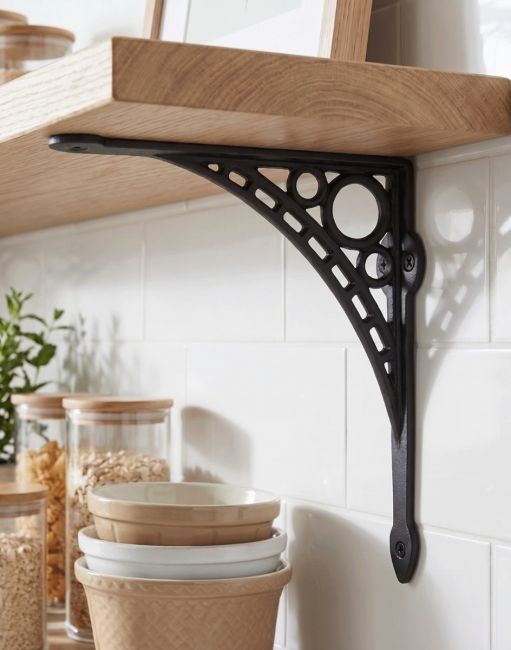 The Large 33 x 33cm "Ironbridge" Shelf Bracket Mounted on a White Tiled Modern Kitchen on a Wooden Shelf - Digital Illustration 