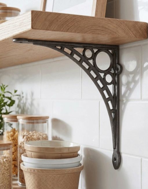 The Large 33 x 33cm Cast Iron "Ironbridge" Shelf Bracket Mounted on a Tiled Modern Kitchen Wall - Digital Illustration 
