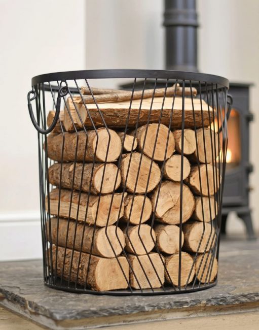 Large Art Deco Wire Log Basket in Situ Large Art Deco Wire Log Basket in Situ