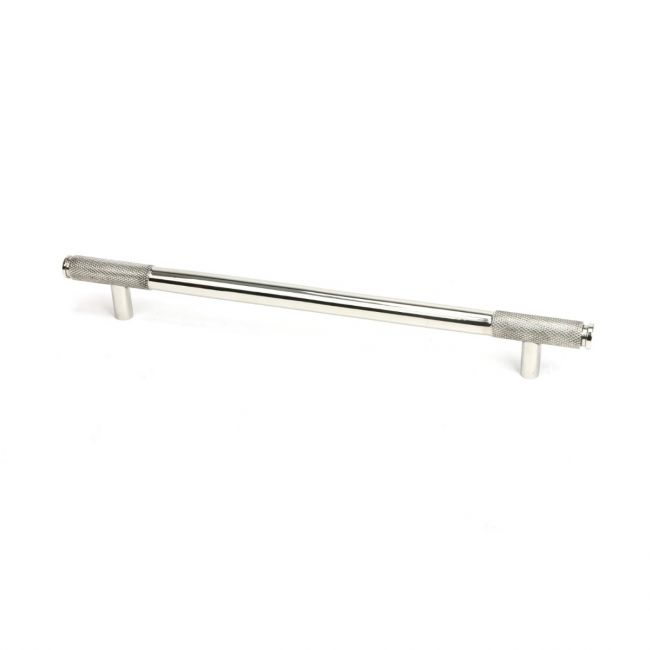 The Large Half Knurled Cabinet Pull Handle in Polished Stainless Steel Shown Upright on a White Background The Large Half Knurled Cabinet Pull Handle in Polished Stainless Steel Shown Upright on a White Background