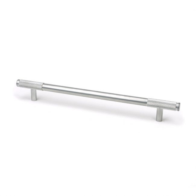 The Large Half Knurled Cabinet Pull Handle in Satin Chrome Shown Upright on a White Background The Large Half Knurled Cabinet Pull Handle in Satin Chrome Shown Upright on a White Background