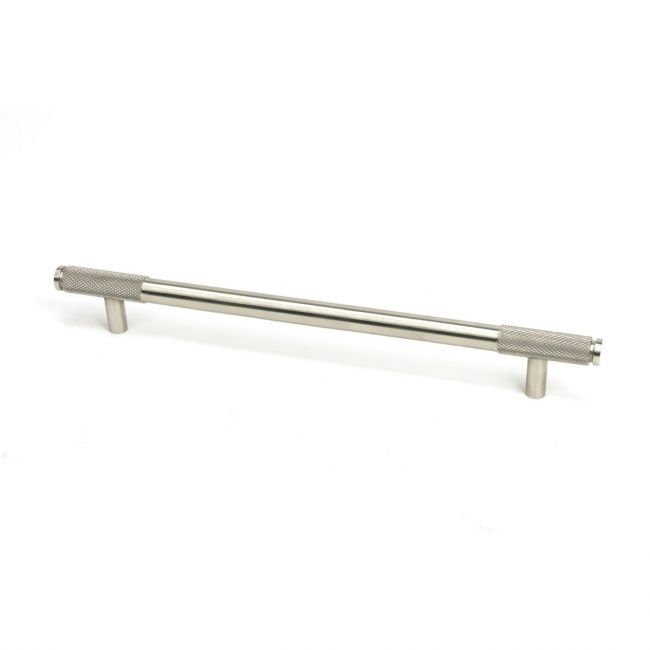 The Large Half Knurled Cabinet Pull Handle in Satin Stainless Steel Shown Upright on a White Background The Large Half Knurled Cabinet Pull Handle in Satin Stainless Steel Shown Upright on a White Background