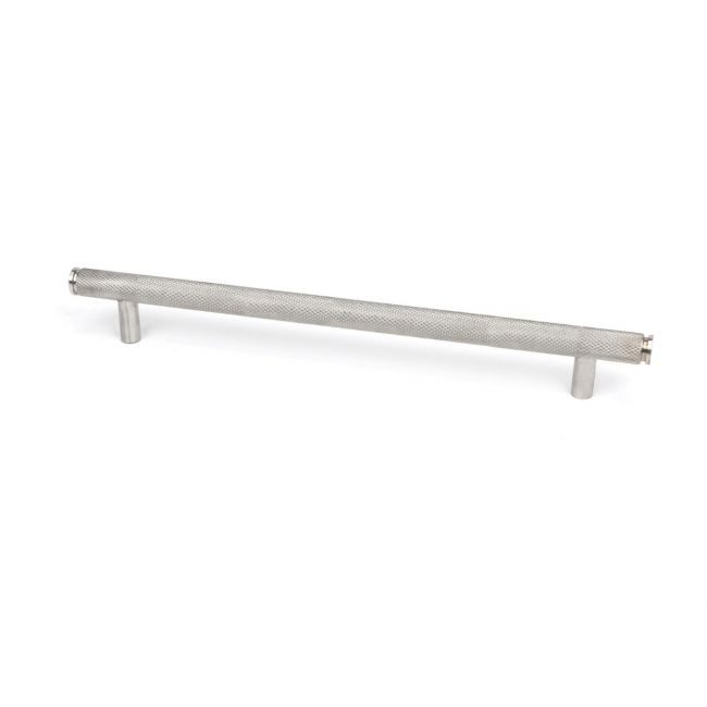 The Large Knurled Cabinet Pull Handle in Satin Stainless Steel Shown Upright on a White Background The Large Knurled Cabinet Pull Handle in Satin Stainless Steel Shown Upright on a White Background
