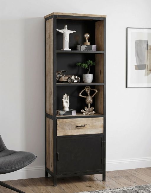 The Large Single Column Iron & Mango Wood Bookcase in a White Living Room with Ornaments on Display - Digital Illustration