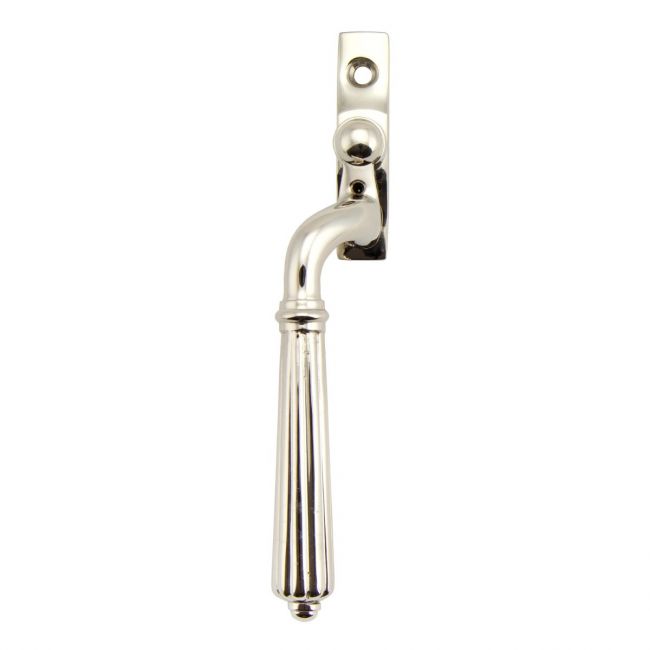 The Left Handed Polished Nickel Reeded Georgian Espagnolette Window Handle on a White Background 