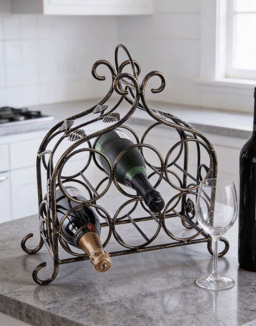 The "Lille" Table Top Vintage Wine Rack Displayed on a Kitchen Countertop with a Wine Bottle Stood next to it - Digital Illustration The "Lille" Table Top Vintage Wine Rack Displayed on a Kitchen Countertop with a Wine Bottle Stood next to it - Digital Illustration