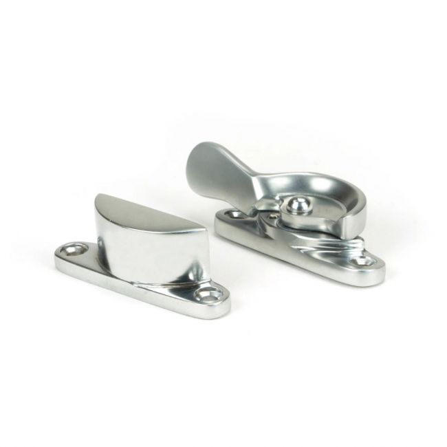 The Locking Fitch Sash Window Fastener - Satin Chrome on a White Background 