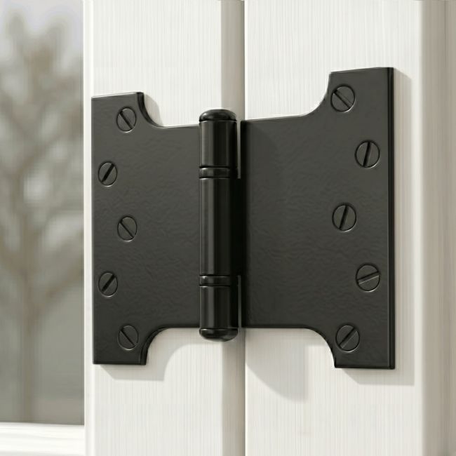 The Long Black Iron Parliament Hinge Pair Mounted on the Inside of a Modern White Window Frame - Digital Illustration