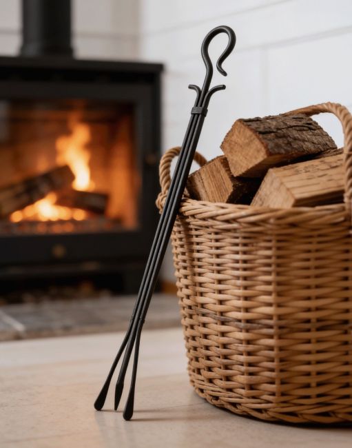 The Long Iron Fireside Tongs Displayed in Front of a Traditional Log Burner in a Country Home - Digital Illustration The Long Iron Fireside Tongs Displayed in Front of a Traditional Log Burner in a Country Home - Digital Illustration
