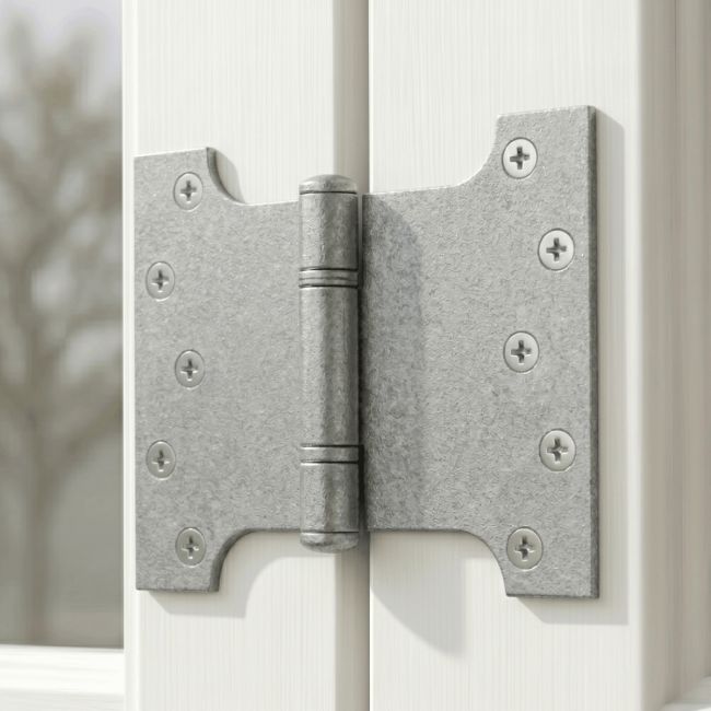 The Long Pewter Parliament Hinge Pair Shown Mounted on a Classic White Window Frame - Digital Illustration 