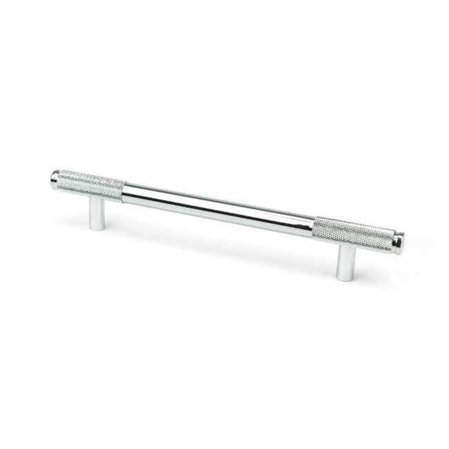 The Medium Half Knurled Cabinet Pull Handle in Polished Chrome Shown Upright on a White Background The Medium Half Knurled Cabinet Pull Handle in Polished Chrome Shown Upright on a White Background