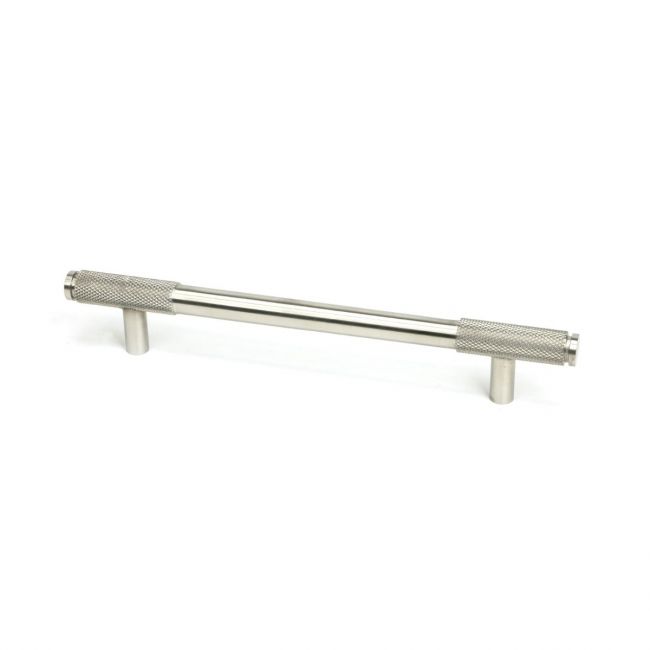 The Medium Half Knurled Cabinet Pull Handle in Satin Stainless Steel Shown Upright on a White Background The Medium Half Knurled Cabinet Pull Handle in Satin Stainless Steel Shown Upright on a White Background