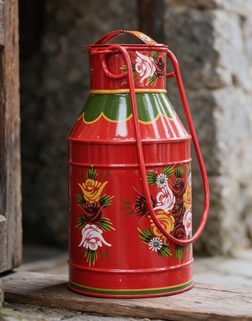 Medium Red Narrow Boat Milk Churn in Situ