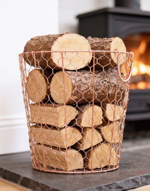 Rose Gold Wire Log Basket in Situ Rose Gold Wire Log Basket in Situ