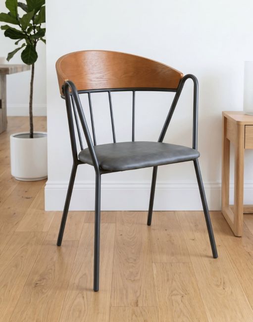 Metal, Wood & Leather Curved Back Dining Chair