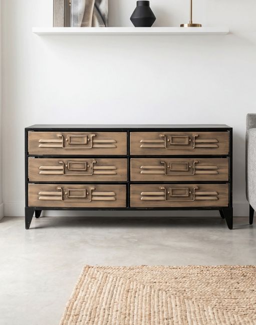 The Miniature Industrial Style Storage Unit with Six Drawers in a White Contemporary Living Room - Digital Illustration