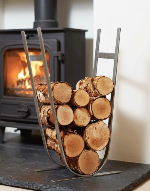 Minimalistic Antique Pewter Log Rack & Holder in Situ Minimalistic Antique Pewter Log Rack & Holder in Situ