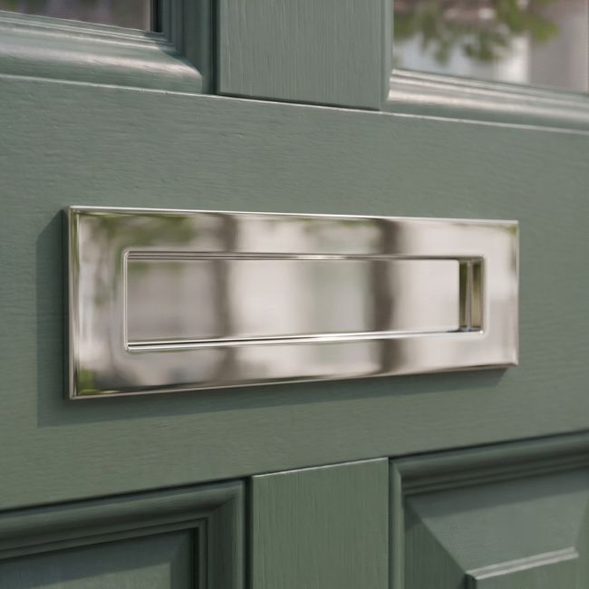 The Modern 10 Inch Front Door Letter Plate - Contemporary Minimalist Flap in a Polished Nickel Finish The Modern 10 Inch Front Door Letter Plate - Contemporary Minimalist Flap in a Polished Nickel Finish
