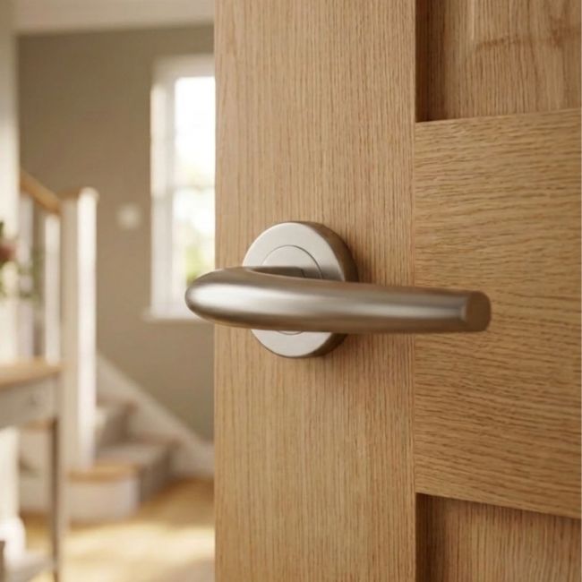 The Satin Nickel Round Rose Door Handles - Modern Crescent Lever Pair on a White Background The Satin Nickel Round Rose Door Handles - Modern Crescent Lever Pair on a White Background