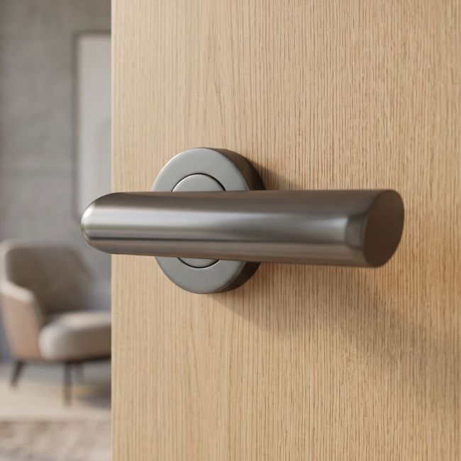 The Graphite Round Rose Door Handles - Modern Curved Lever Pair on a White Background