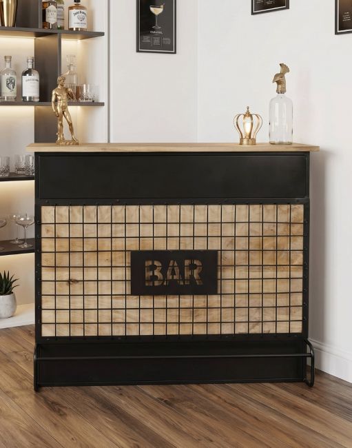 The Modern Iron and Mango Wood Bar Cabinet placed next to a Home Bar in a Living Room Interior - Digital Illustration