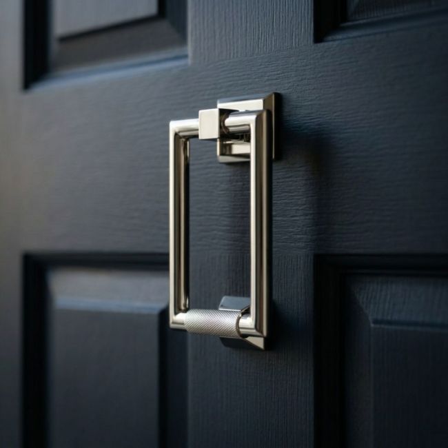 The Modern Knurled Rectangular Door Knocker in Polished Nickel on a Navy Front Entrance Door - Digital Illustration The Modern Knurled Rectangular Door Knocker in Polished Nickel on a Navy Front Entrance Door - Digital Illustration