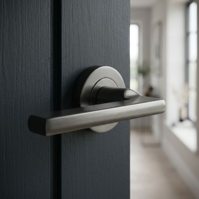 The Graphite and Chrome Round Rose Door Handles - Modern Lever Pair on a White Background