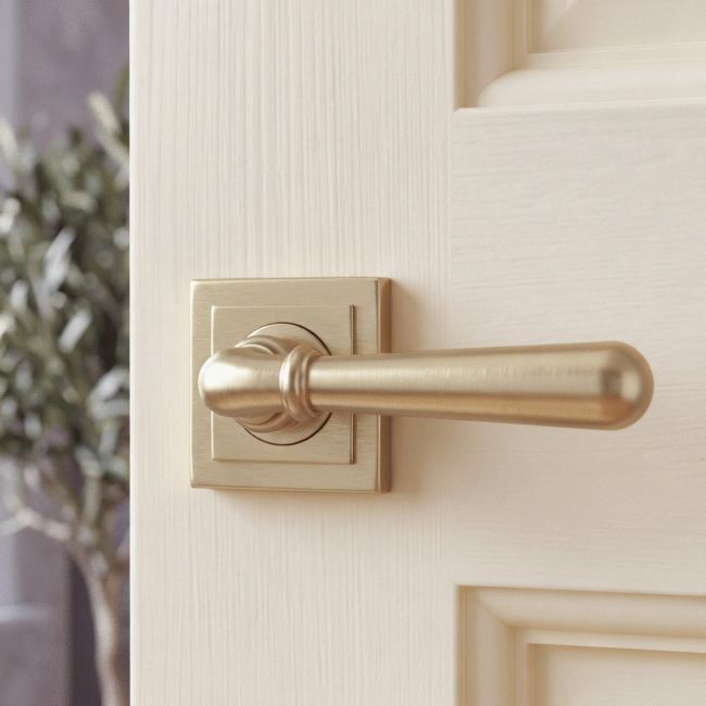 Modern Satin Brass "Neville" Door Handle on Square Rose Set - 53mm
