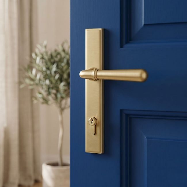Modern Satin Brass Slim Espagnolette Door Handle & Lock Set Modern Satin Brass Slim Espagnolette Door Handle & Lock Set