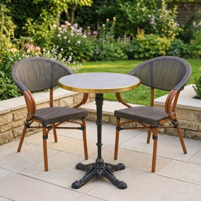 The Monaco Parisian Bistro Set in Black and Grey in a Sunny Low Walled Garden