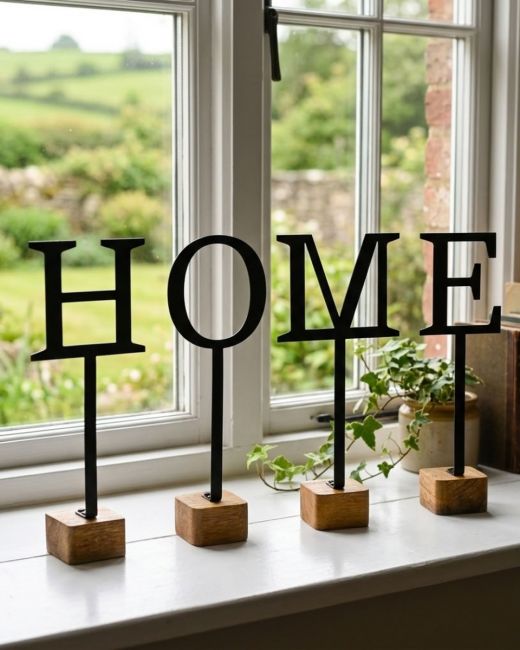 The Monograph Metal & Wood Letter Display Ornaments on a Windowsill Displaying the Word "HOME"