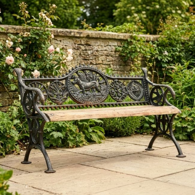 Aged Black Cast Iron & Wood "Dog" Park Bench