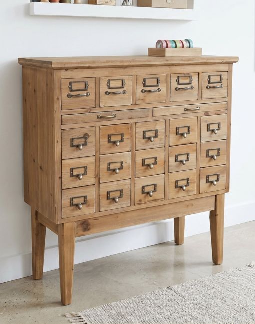 The Multi Drawer Wooden Cabinet Positioned Next to a White Wall in a Modern Hallway Entrance - Digital Illustration