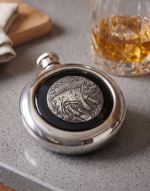The Old Pig Whiskey Hip Flask on a Grey Countertop next to a Glass tumbler of Scotch - Digital Illustration