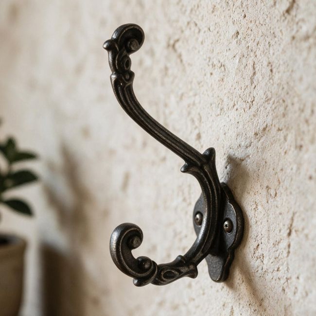 Ornate Scroll Coat Hook in Natural Iron 