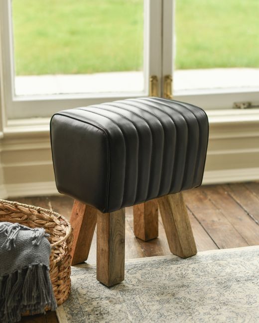 "The Orton" Mango Wood & Black Leather Bug Stool in Situ "The Orton" Mango Wood & Black Leather Bug Stool in Situ