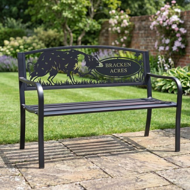 Personalised Border Collie Iron & Steel Park Bench in Black