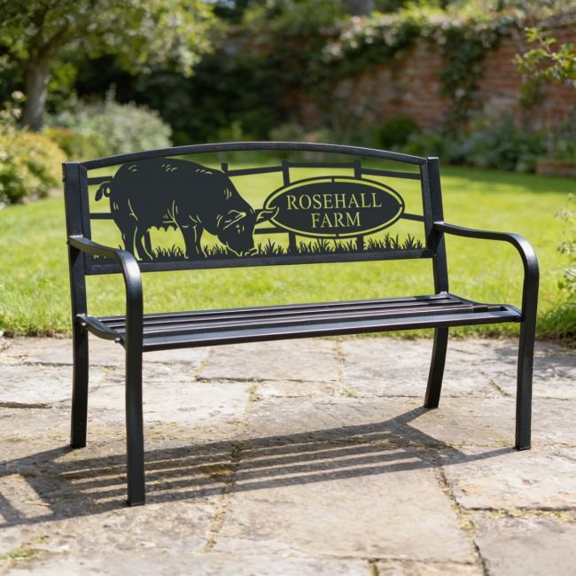Personalised Farmyard Pig Iron & Steel Park Bench in Black