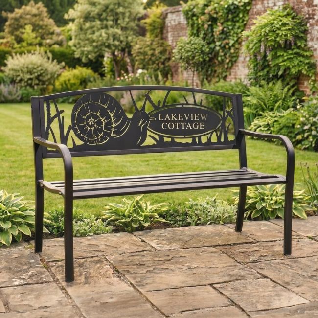 Personalised Garden Snail Iron & Steel Park Bench in Black Personalised Garden Snail Iron & Steel Park Bench in Black