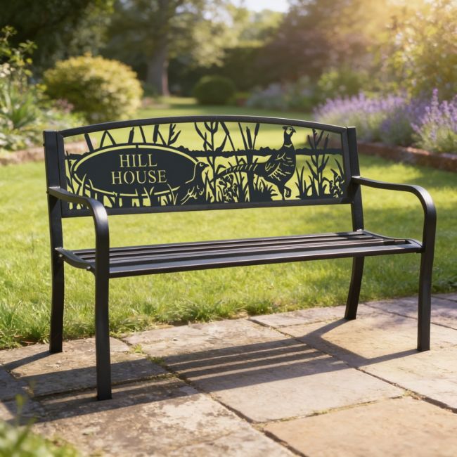 Personalised Pheasant Iron & Steel Park Bench in Black