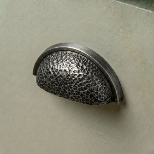 The Hammered "Stratford" Traditional Cup Handle in a Pewter Finish on a White Background Shown from the Front The Hammered "Stratford" Traditional Cup Handle in a Pewter Finish on a White Background Shown from the Front